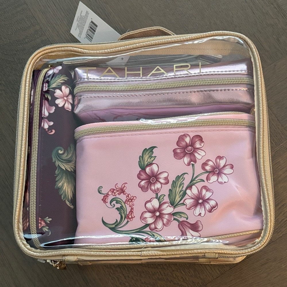 Tahari Pink Floral 4 piece Cosmetic Bag Set